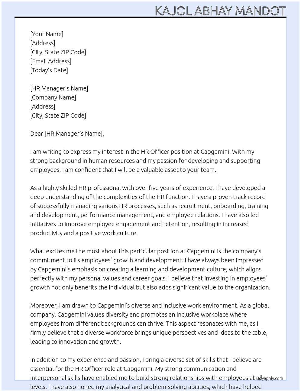 HR Officer At capgemini Cover Letter