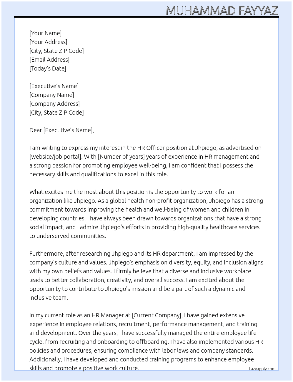 HR Officer At Jhpiego Cover Letter