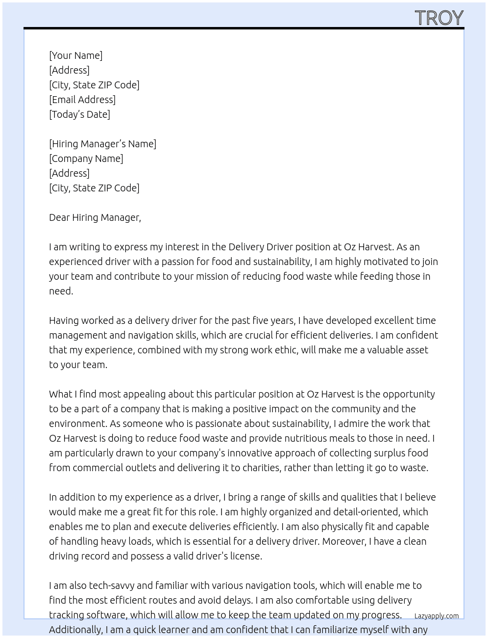 Delivery Driver At Oz Harvest Cover Letter