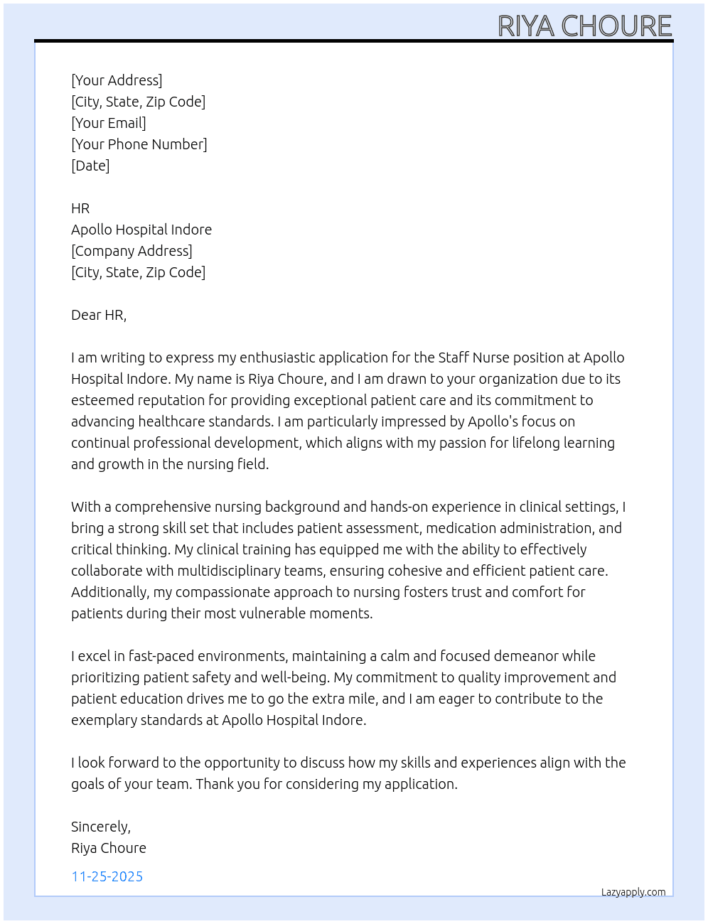 STAFF NURSE At APOLLO HOSPITAL INDORE Cover Letter