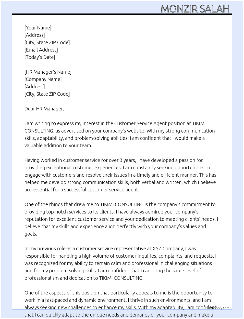 Customer service agent  At TIKIMI CONSULTING  Cover Letter