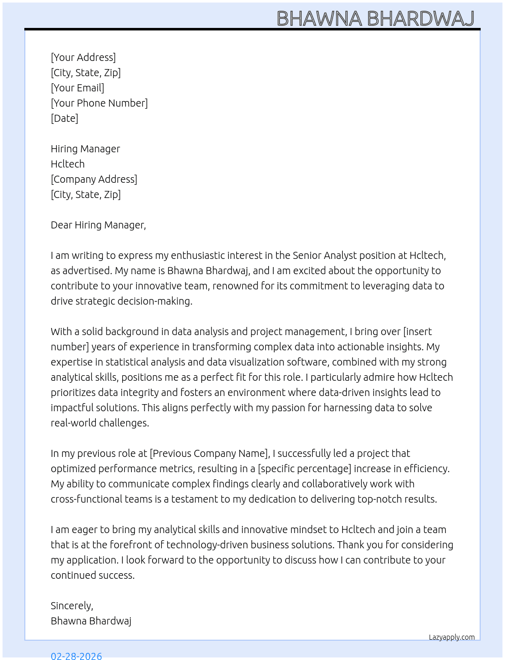 Senior Analyst At Hcltech Cover Letter