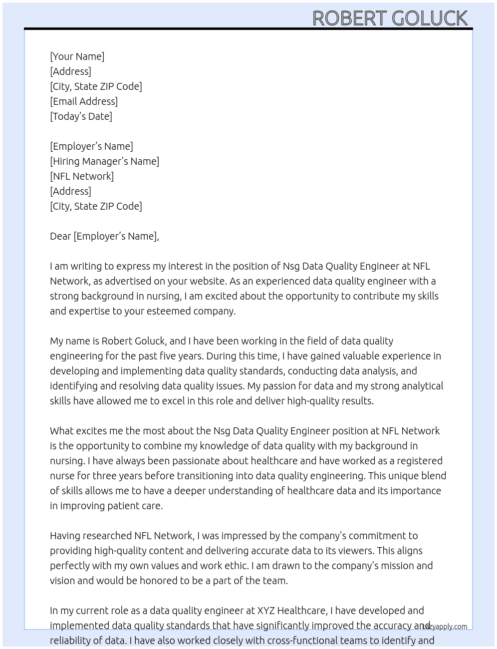 Nsg data quality engineer  At NFL network  Cover Letter