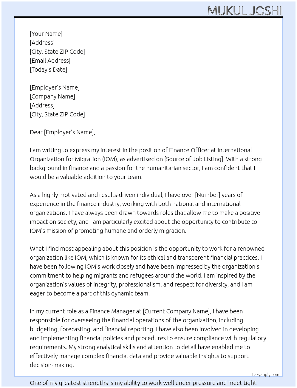 Finance Officer At International Organization for Migration (IOM) Cover Letter