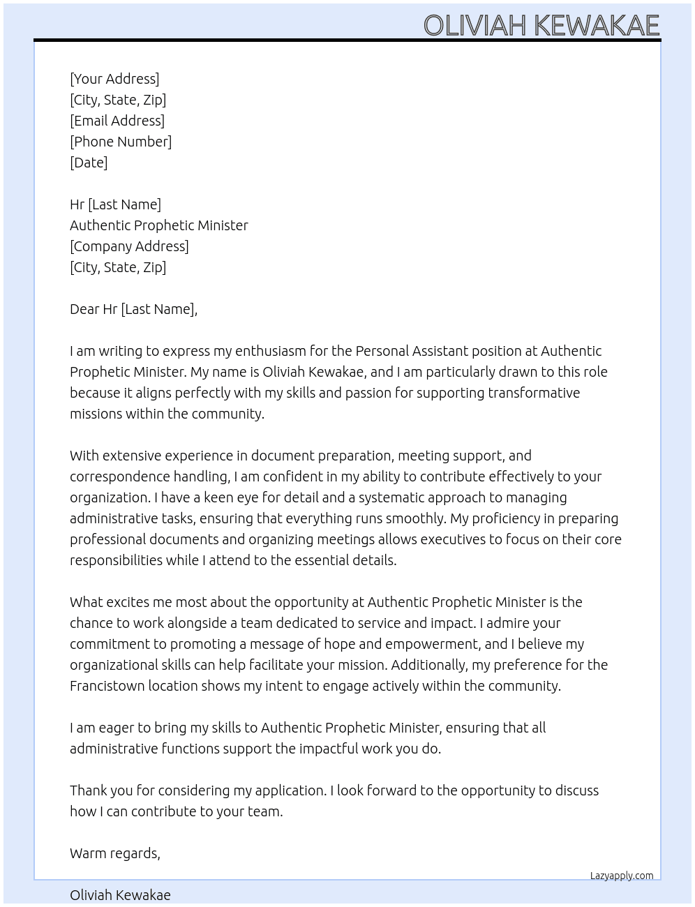 Personal Assistant At Authentic Prophetic Minister Cover Letter