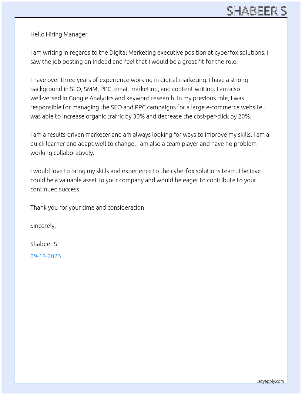 Digital Marketing executive At cyberfox solutions Cover Letter