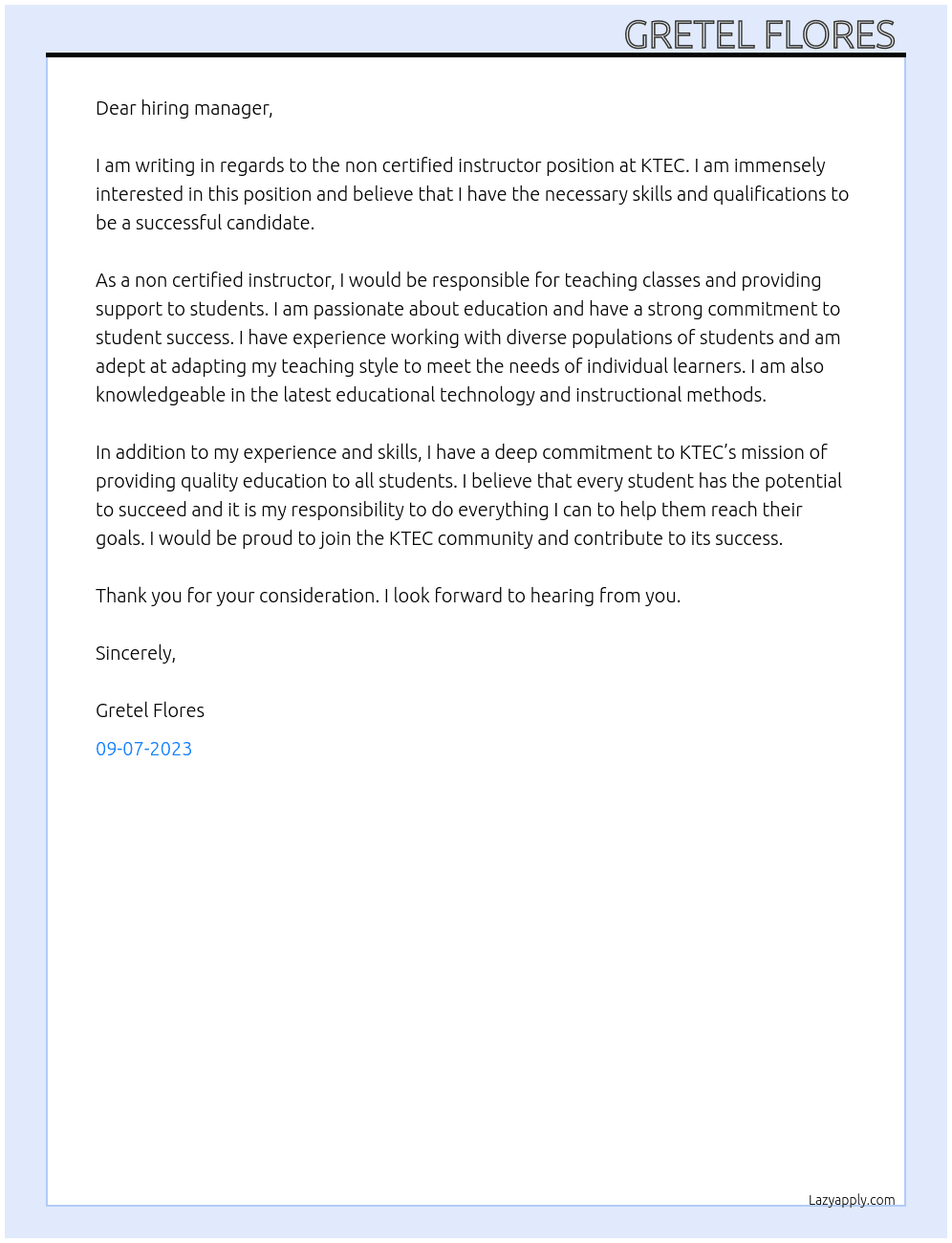 Non certified instructor At KTEC Cover Letter