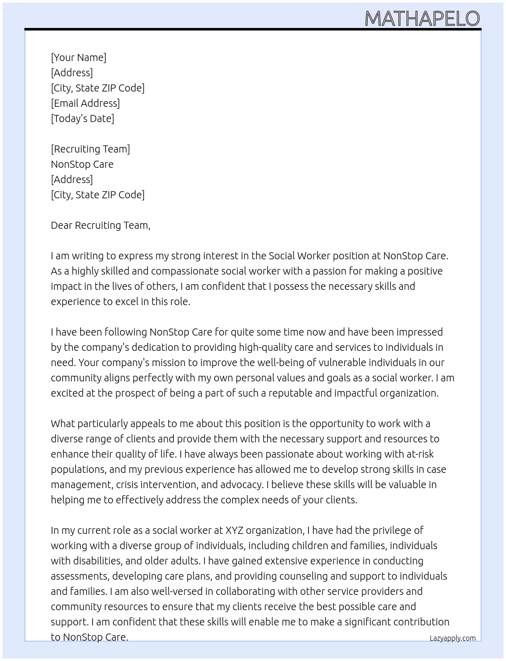 SOCIAL WORKER  At NonStop Care Cover Letter
