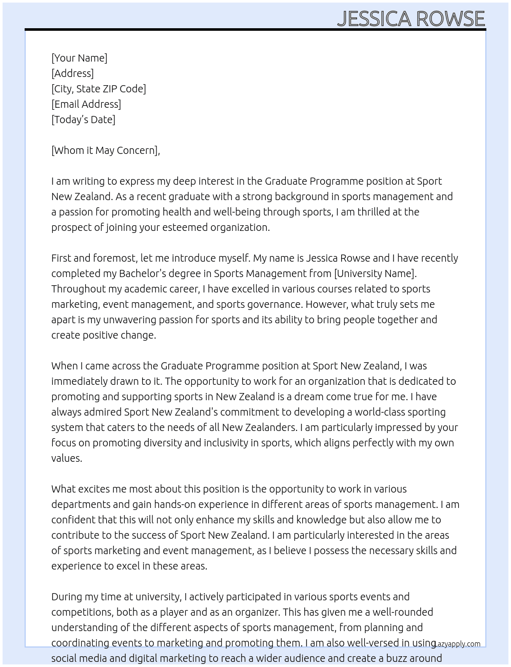 Graduate programme At Sport New Zealand Cover Letter