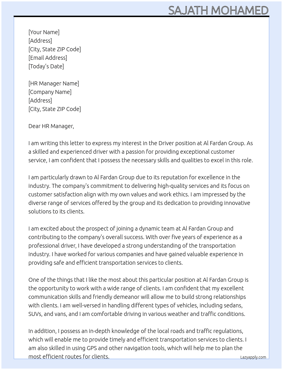 driver At AL FARDAN GROUP Cover Letter