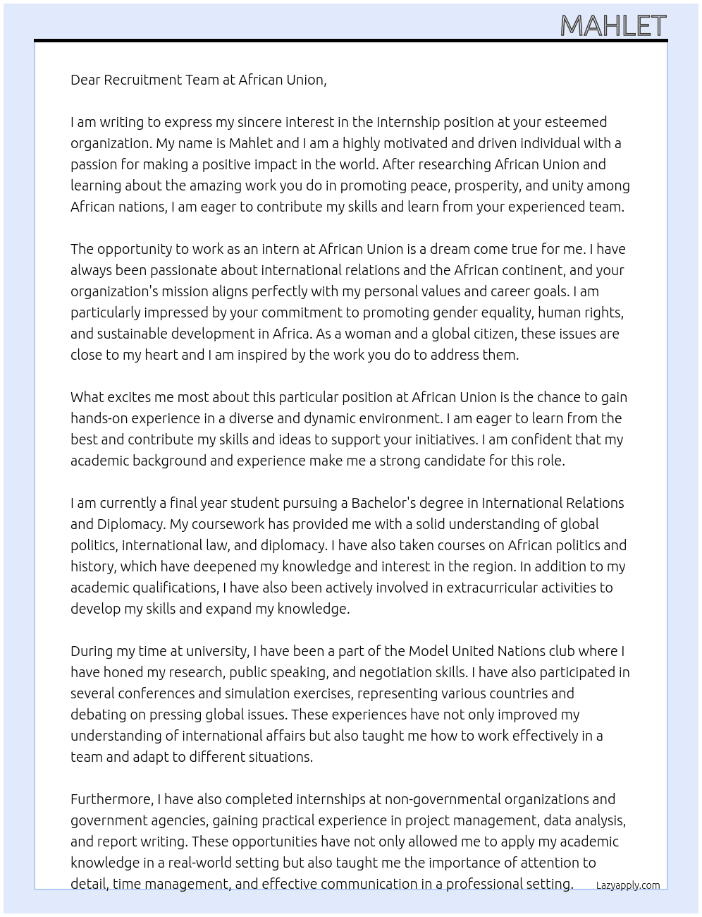 Internship  At African Union Cover Letter