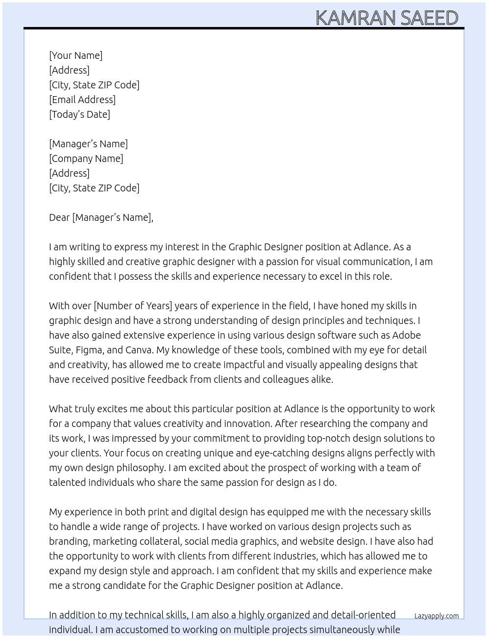 Graphic Designer  At Adlance Cover Letter