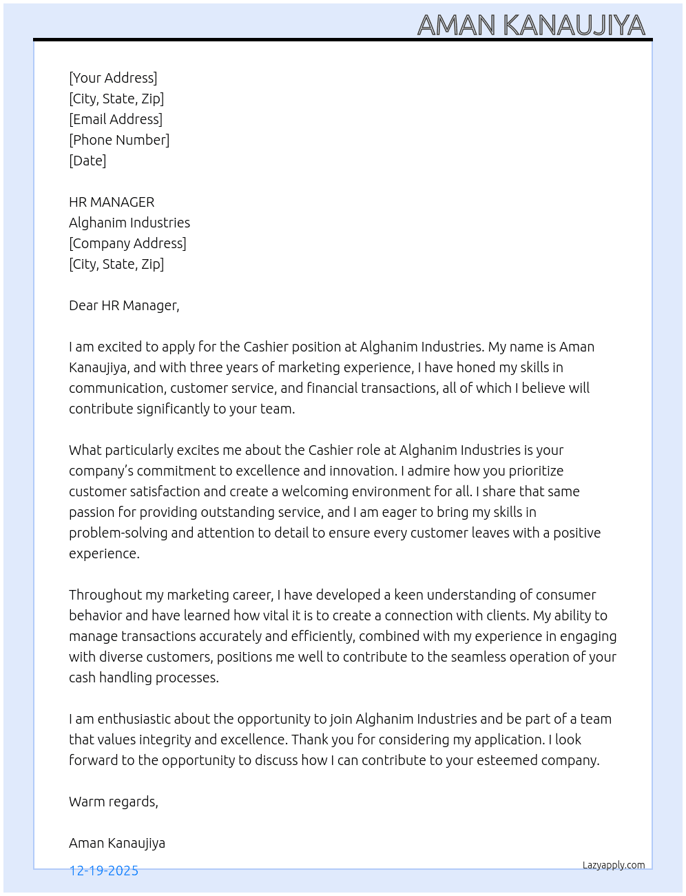 Cashier At Alghanim Industries  Cover Letter
