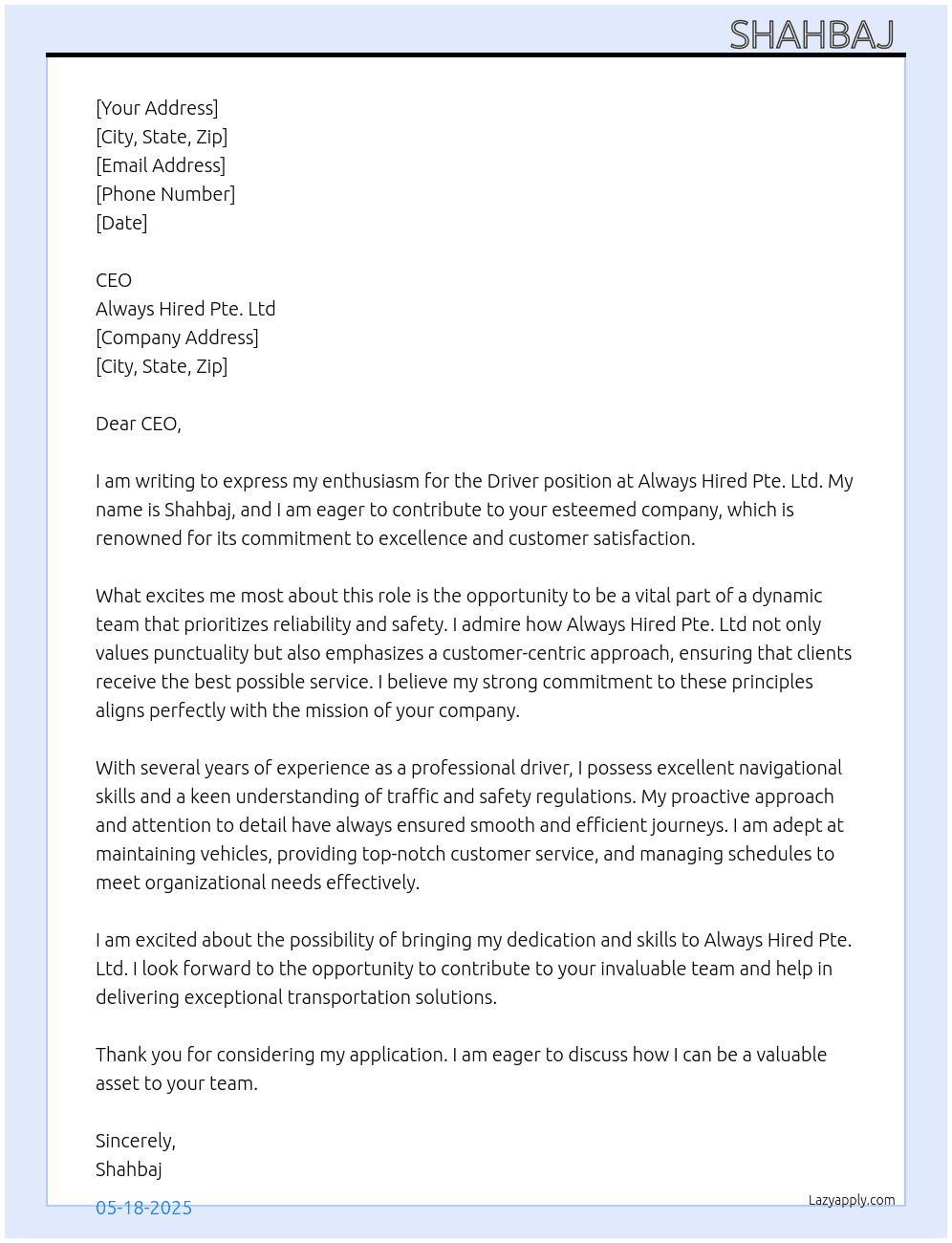 Driver  At Always hired.Pte.Ltd Cover Letter