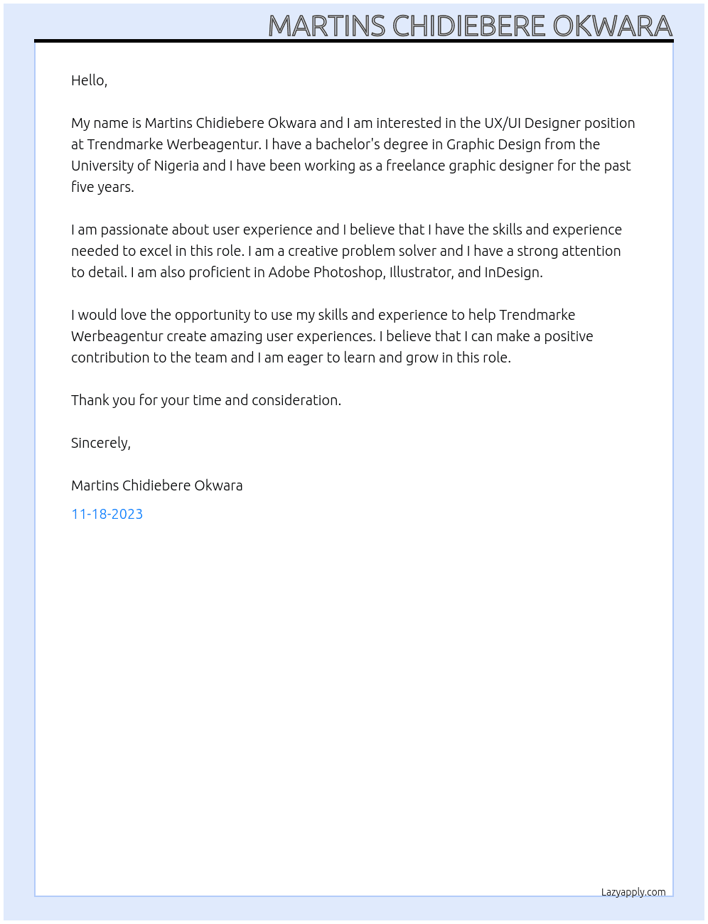 UX/UI Designer At Trendmarke Werbeagentur Cover Letter