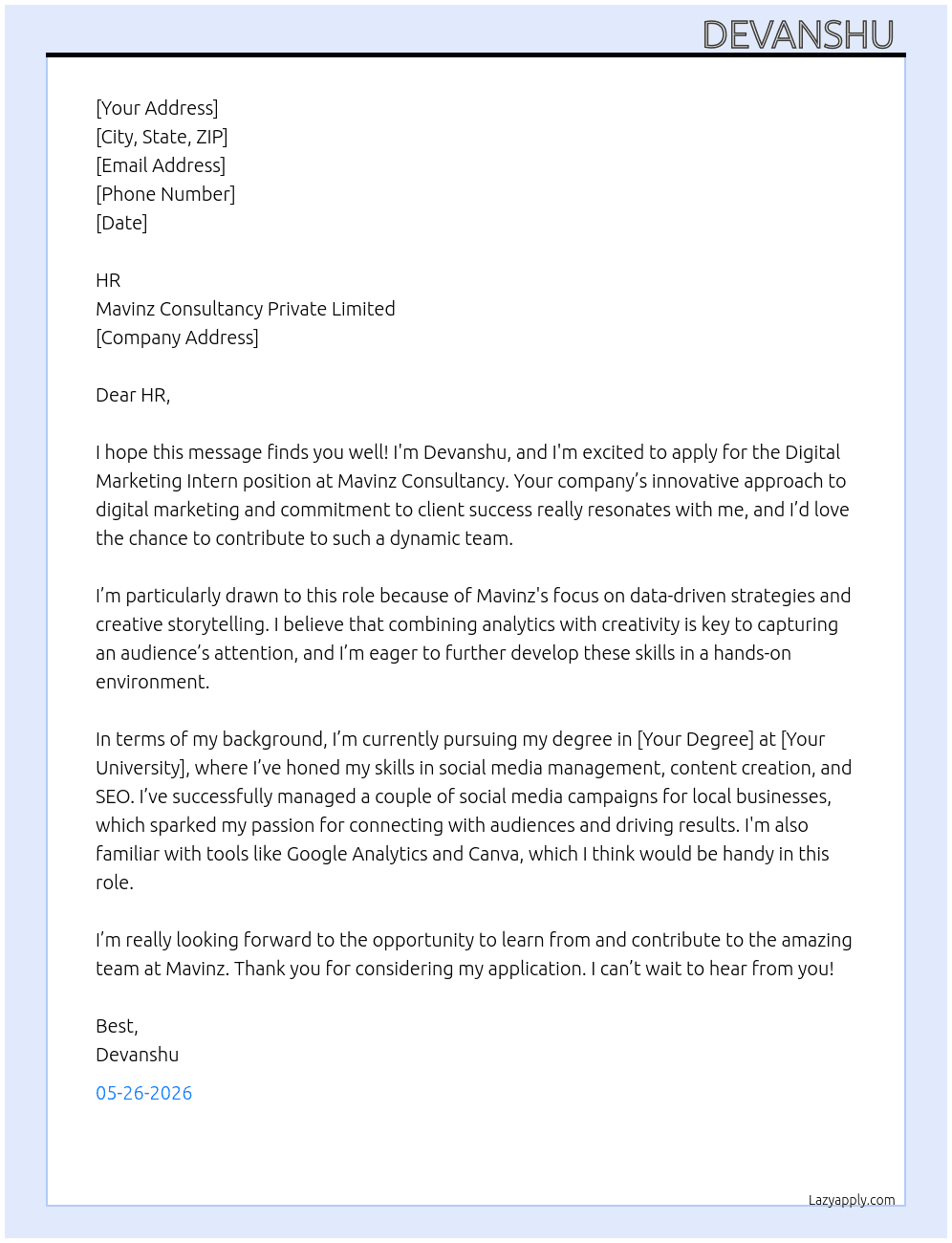 Cover letter for digital marketing intern - LazyApply