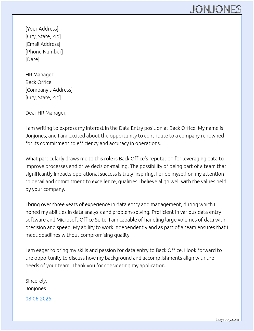 Data entry  At Back office  Cover Letter