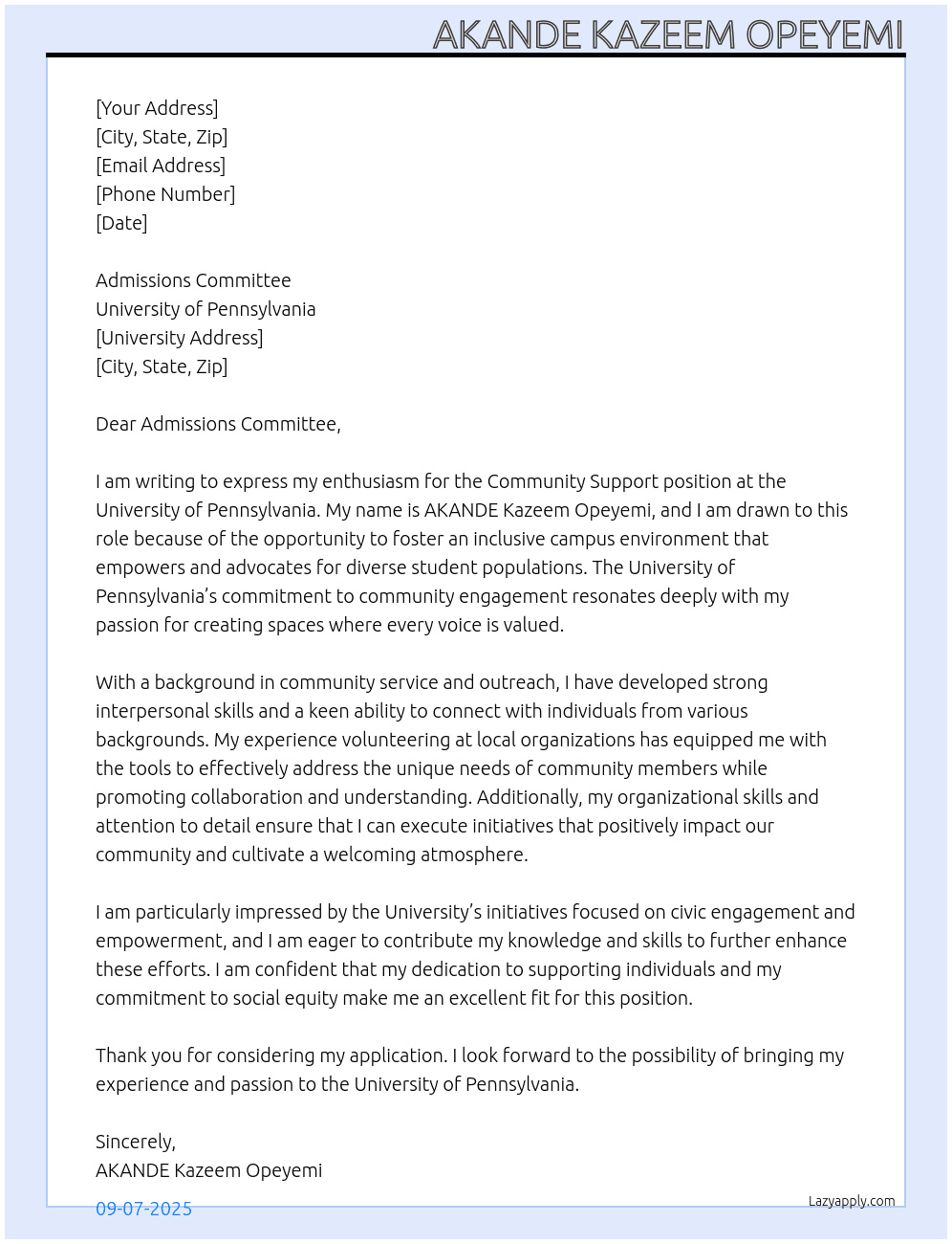 Cover letter for community support - LazyApply
