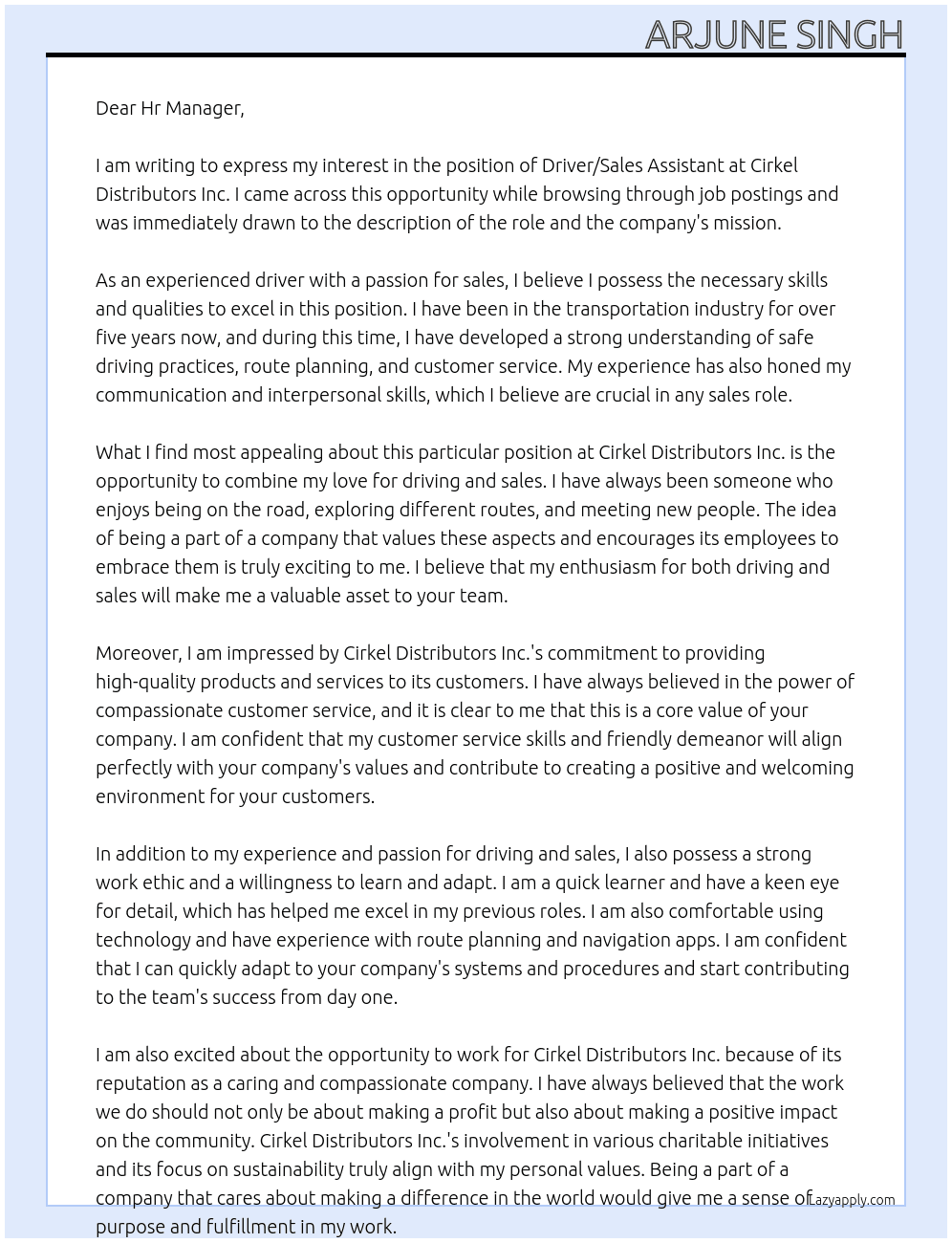 Driver/sales assistant At Cirkel distributors inc Cover Letter