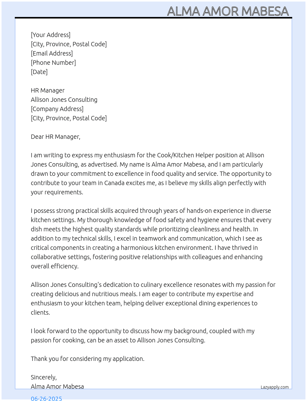 Cook/Kitchen Helper  At Allison Jones Consulting  Cover Letter