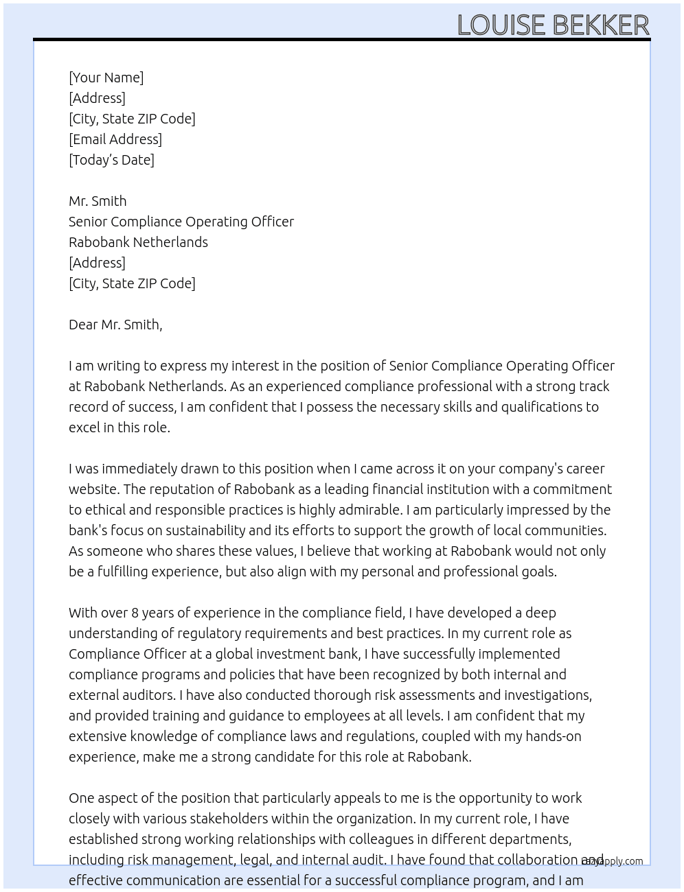 Senior Compliance Operating Officer At Rabobank Netherlands Cover Letter