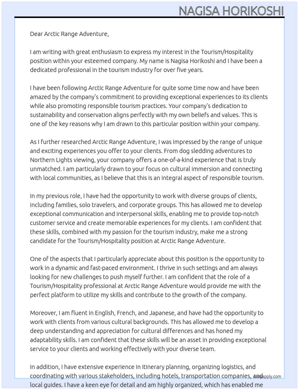 Tourism / Hospitality At Arctic Range Adventure Cover Letter