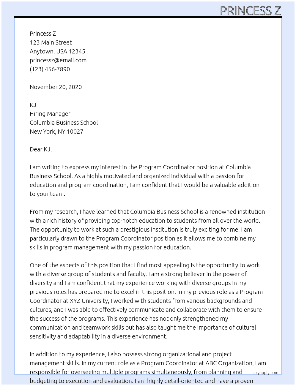 Program Coordinator At Columbia Business School Cover Letter