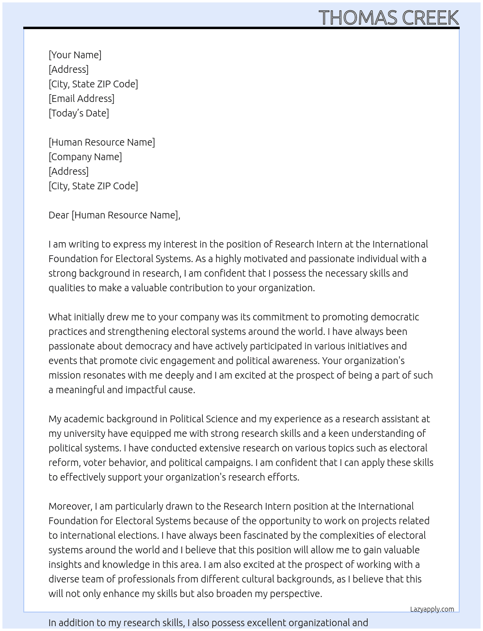 Research Intern At International Foundation for Electoral Systems Cover Letter