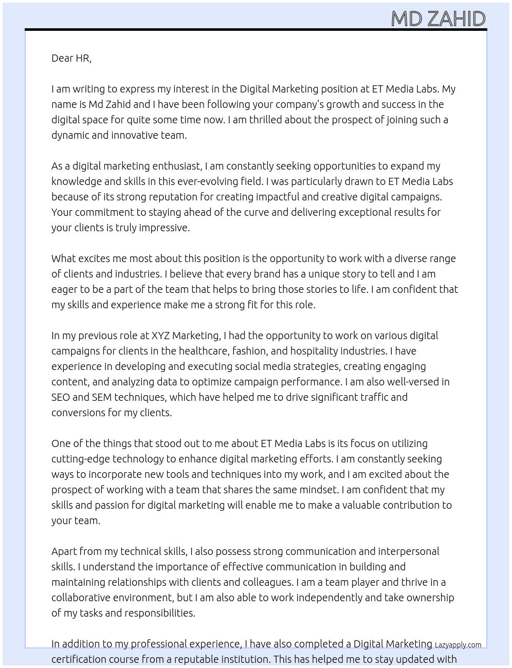Digital marketing  At ET Media Labs Cover Letter