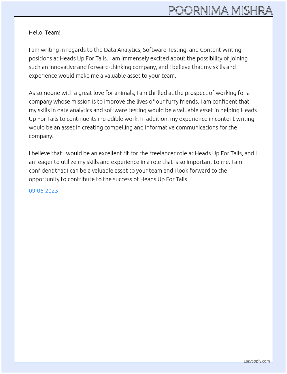 Data Analytics, Software testing, Content Writing At Heads Up For Tails Cover Letter