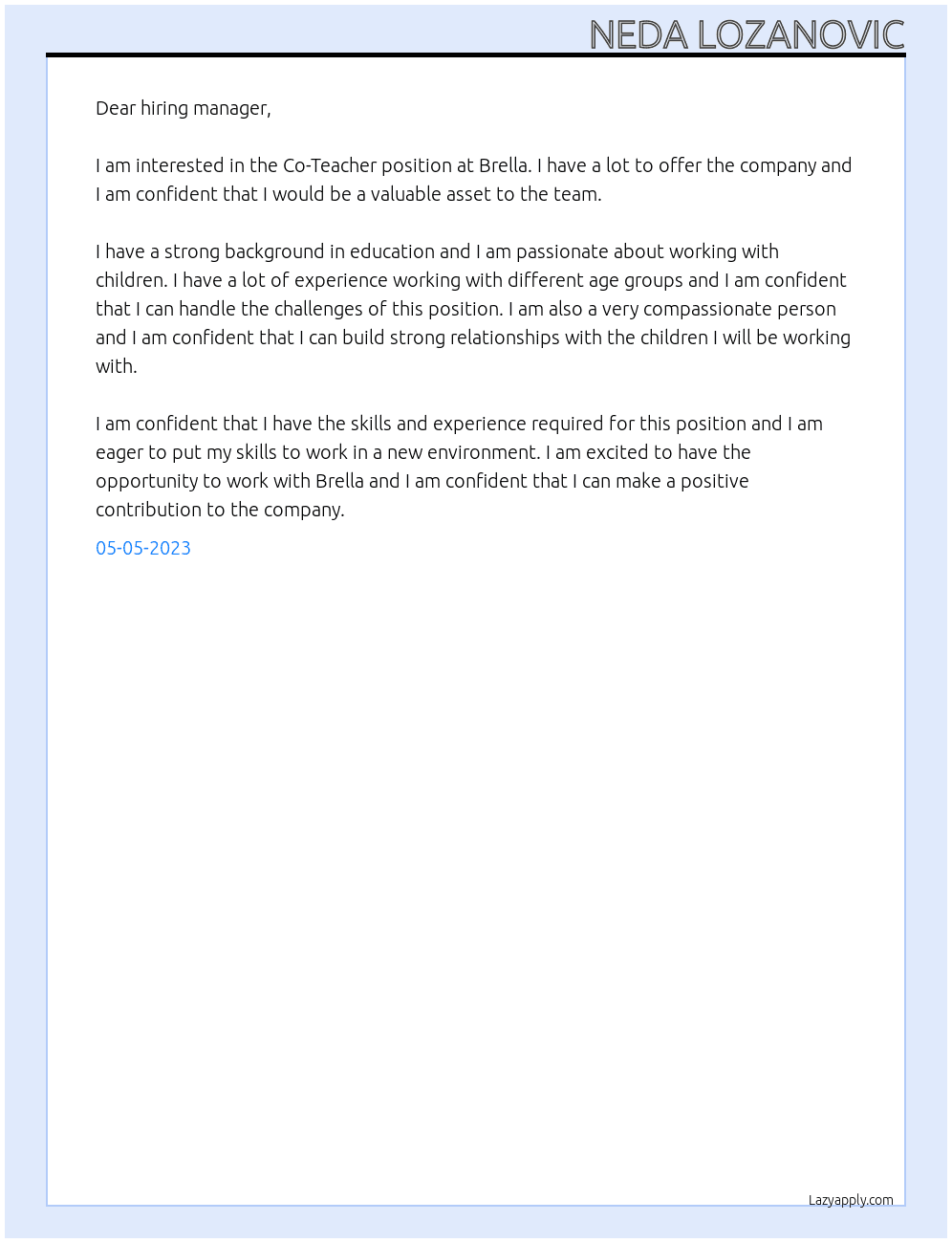 Co-Teacher At Brella  Cover Letter