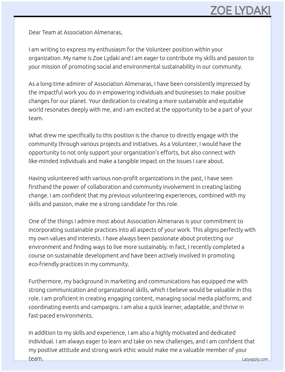 Volunteer At Association Almenaras Cover Letter