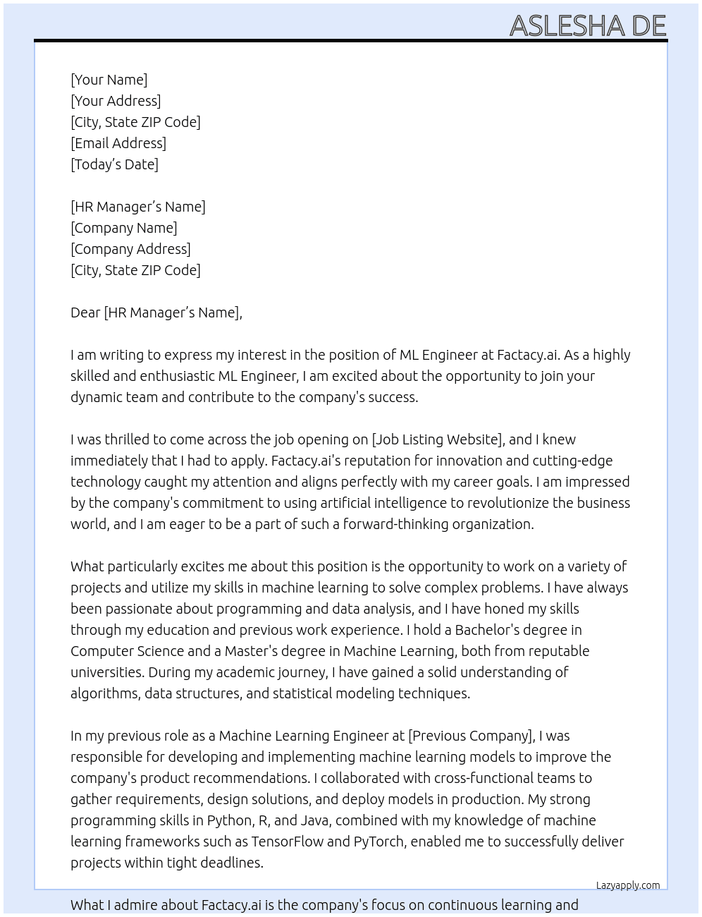 ML Engineer At Factacy.ai Cover Letter