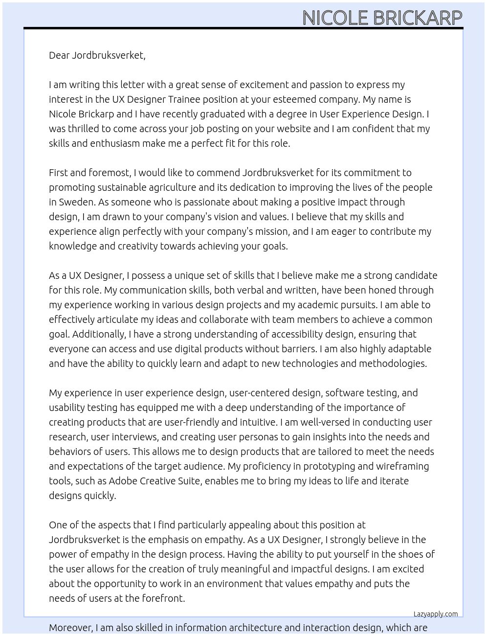 UX designer, trainee At Jordbruksverket Cover Letter