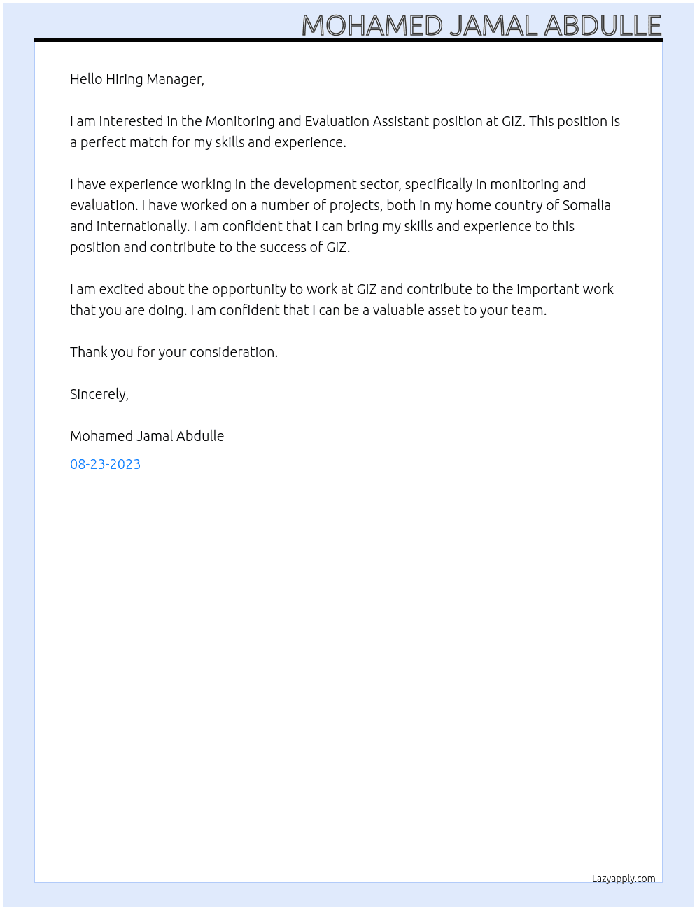 Monitoring and Evaluation Assistant  At GIZ Cover Letter