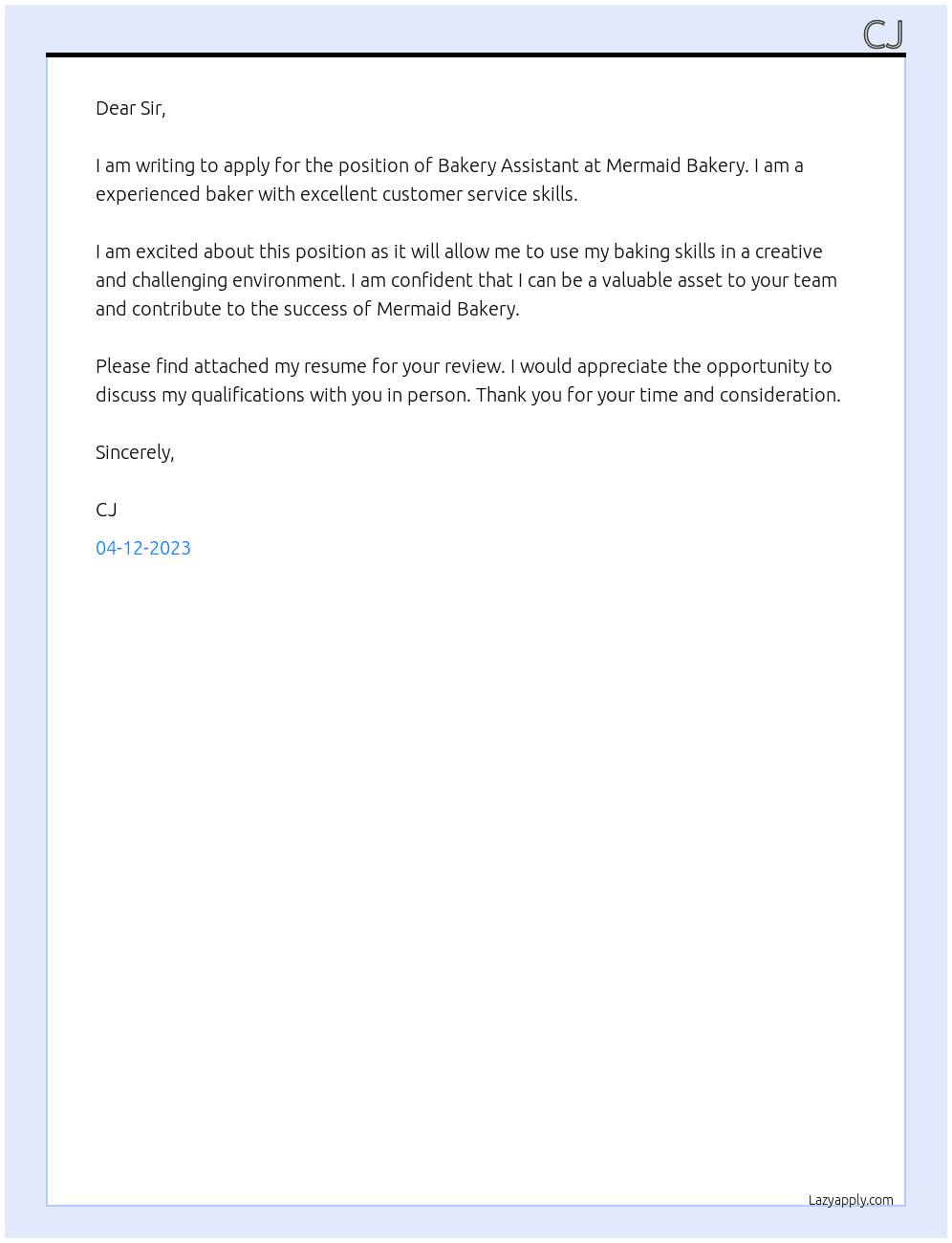 Bakery Assistant  At Mermaid Bakery Cover Letter