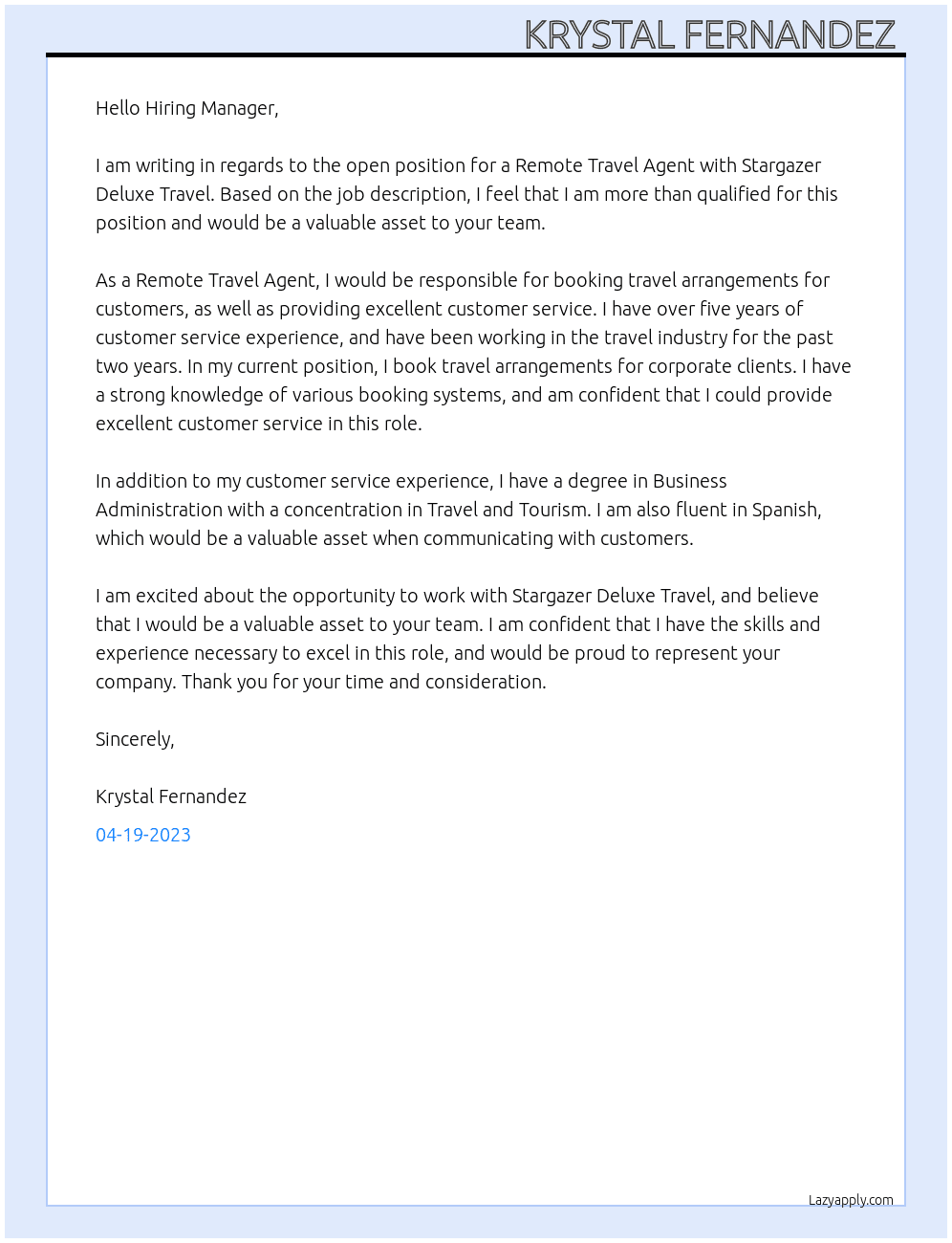 Remote Travel Agent  At Stargazer Deluxe Travel  Cover Letter