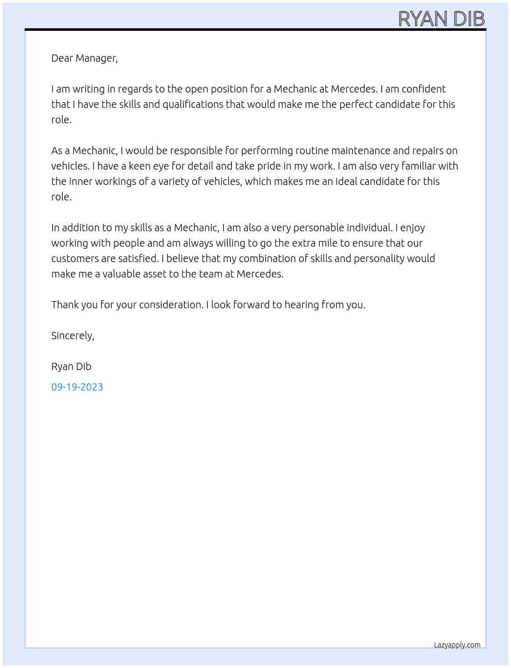 Mechanic  At Mercedes Cover Letter