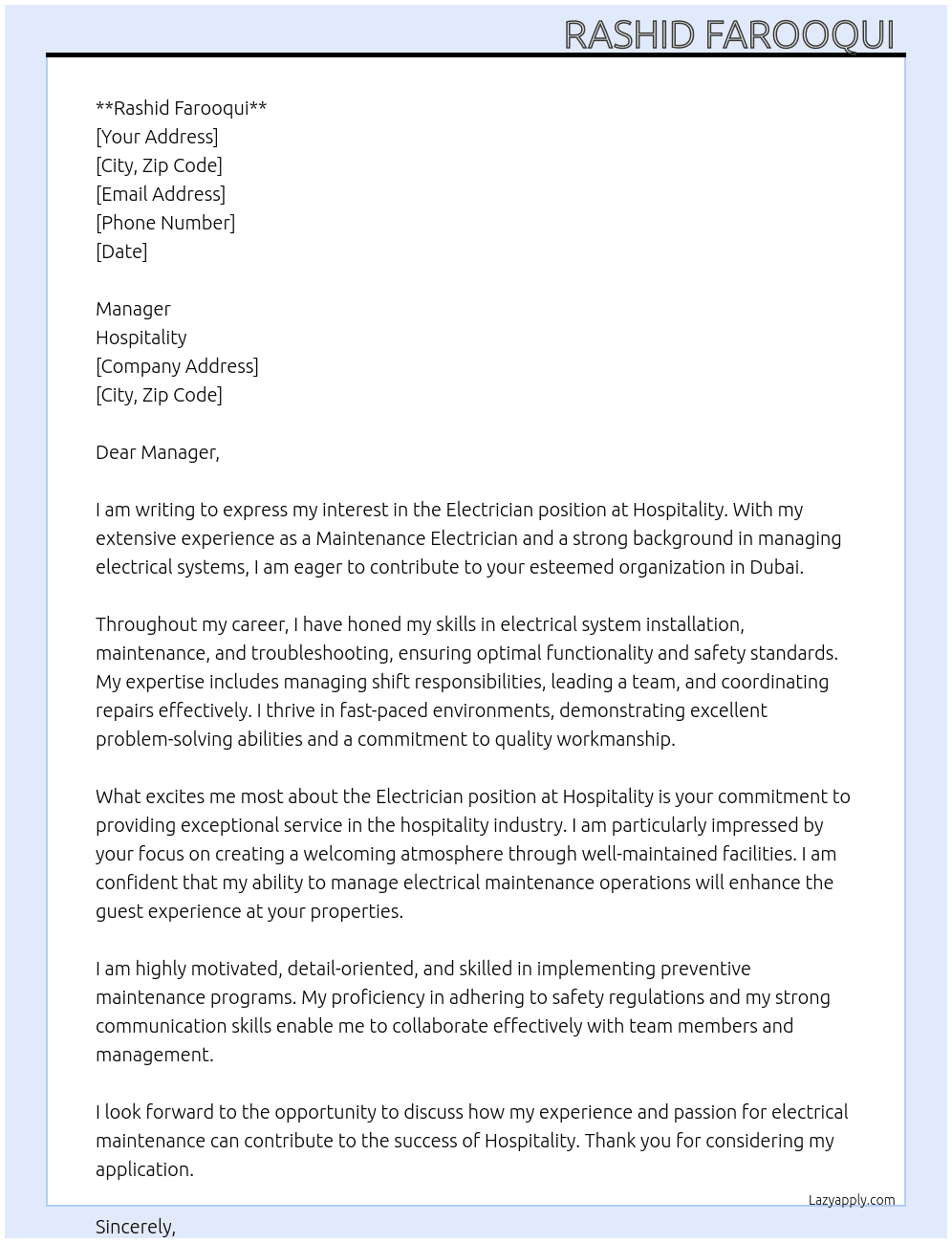 Electrician  At Hospitality  Cover Letter