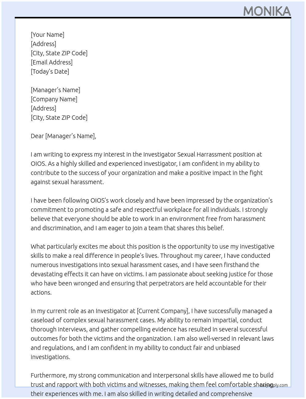 Investigator Sexual Harrassment At OIOS Cover Letter