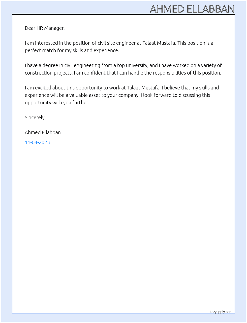 civil site engineer At talaat mustafa  Cover Letter