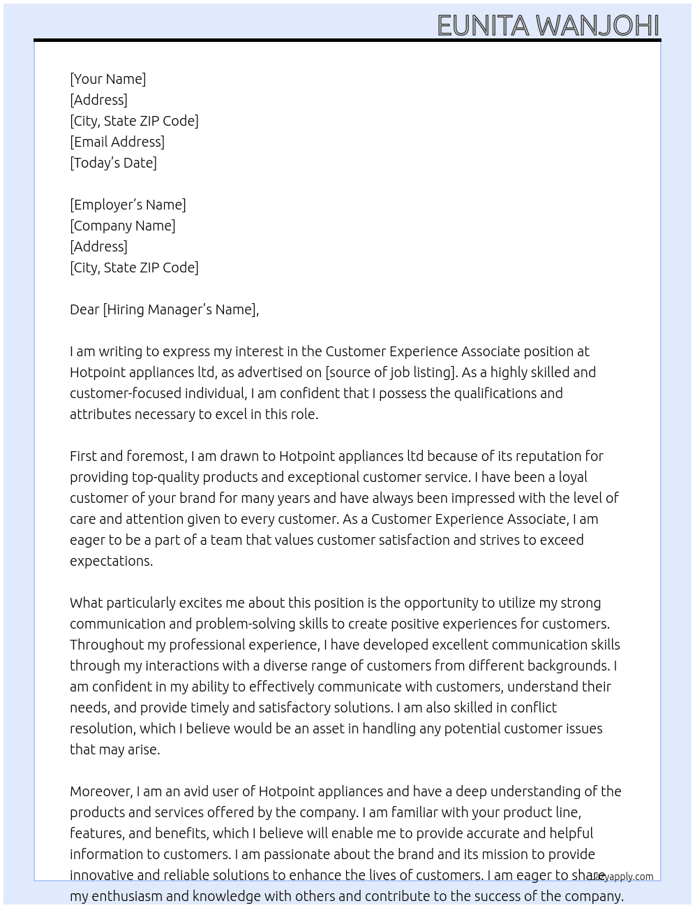 Customer Experience Associate  At Hotpoint appliances ltd  Cover Letter