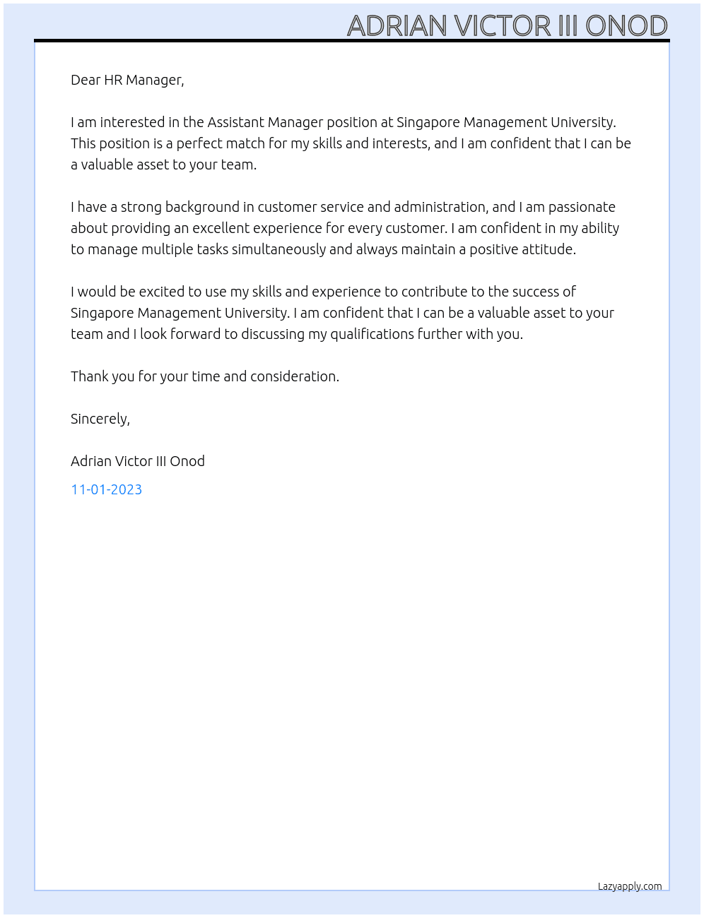 Assistant Manager At Singapore Management University Cover Letter