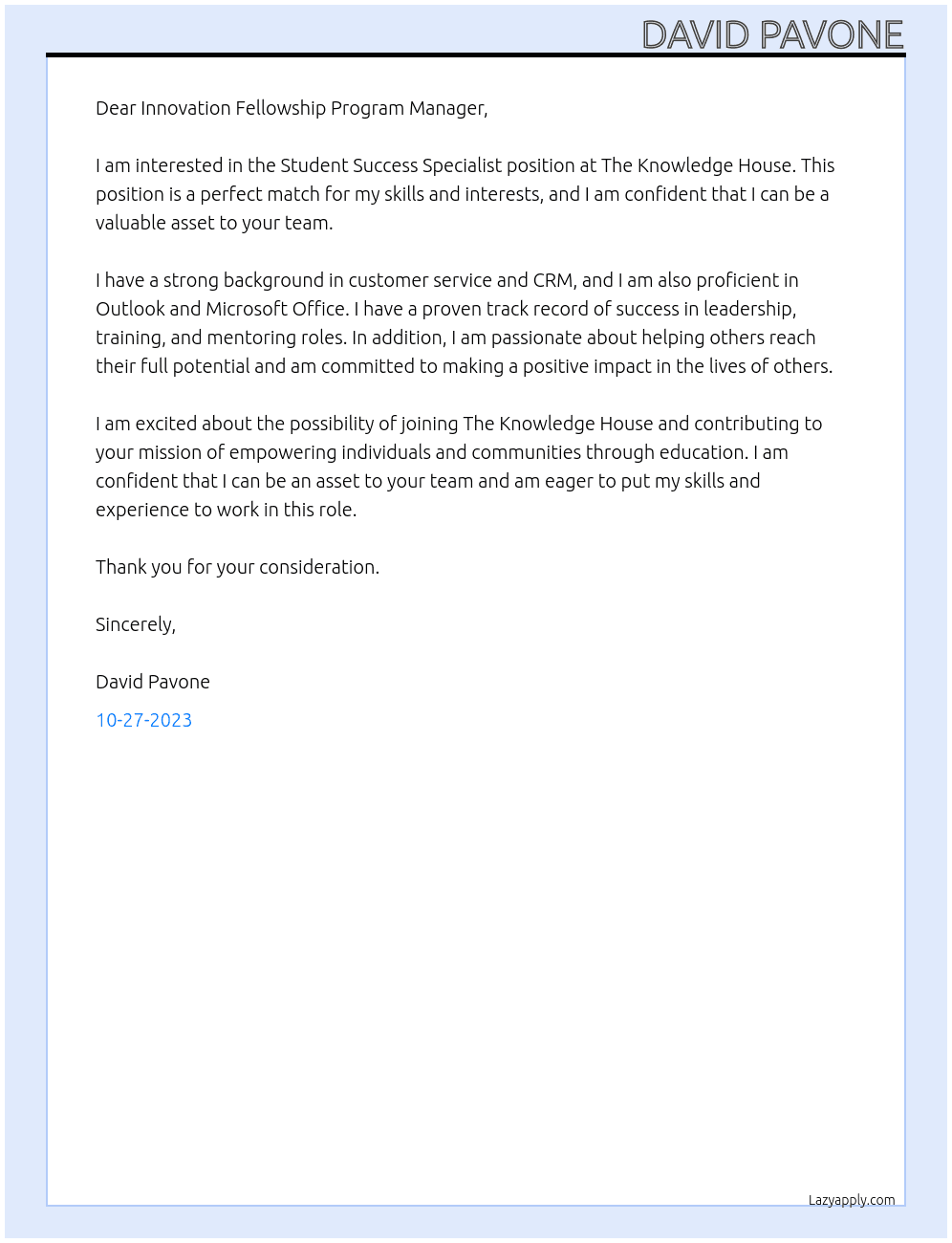 Student Sucess Specialist At The Knowledge House Cover Letter