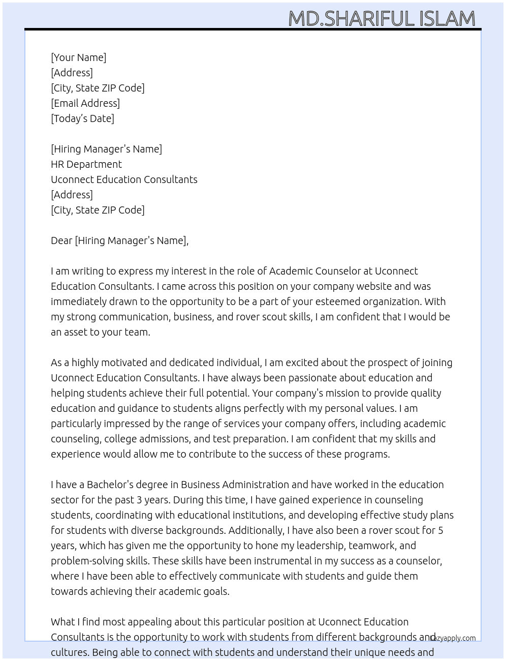 Academic Counselor  At Uconnect education consultants Cover Letter