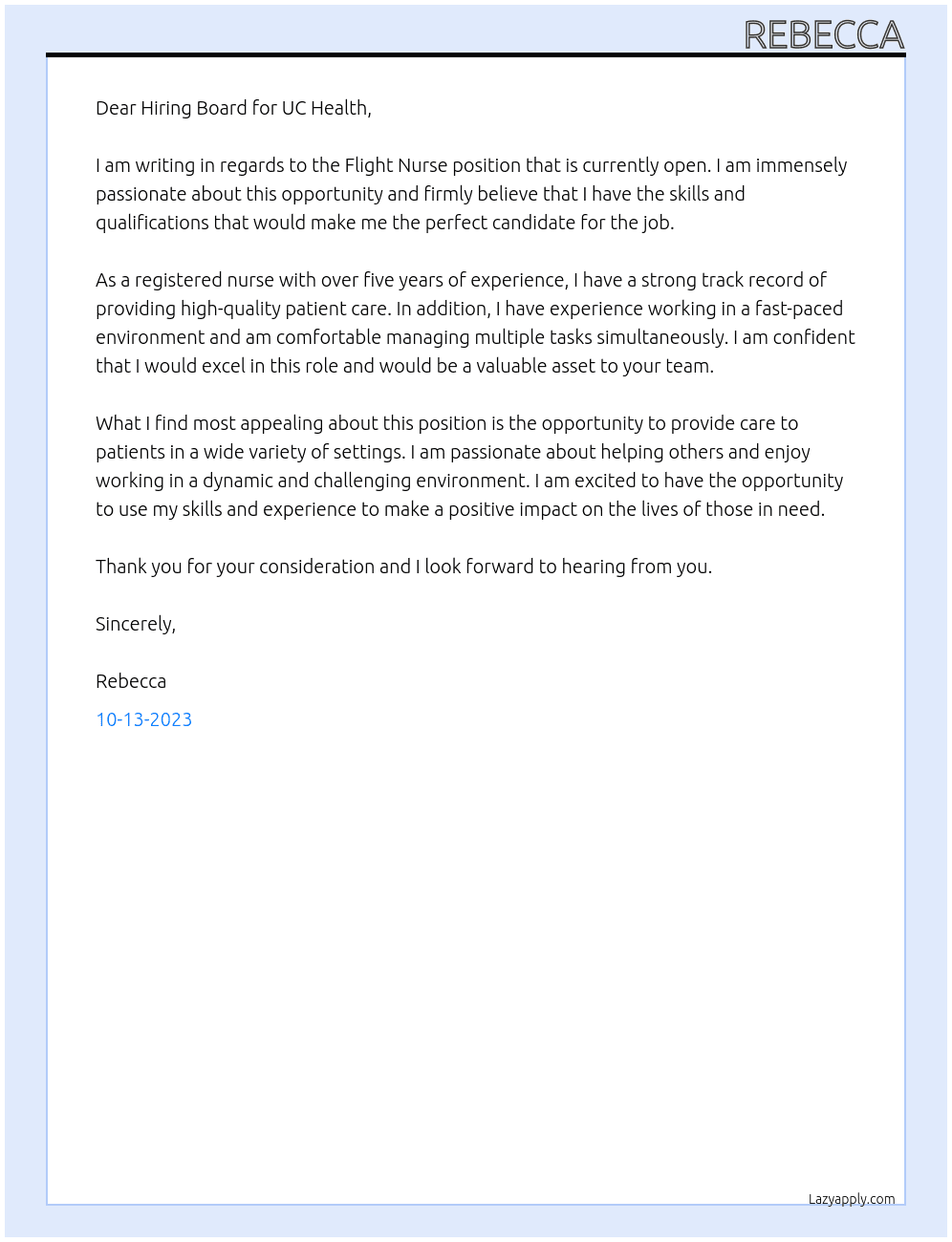 Flight Nurse At UC Health Cover Letter