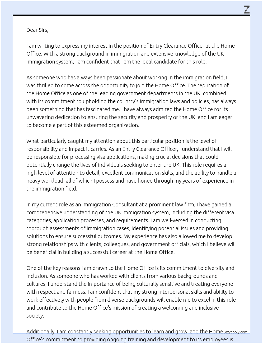 Entry clearance officer  At Home office  Cover Letter