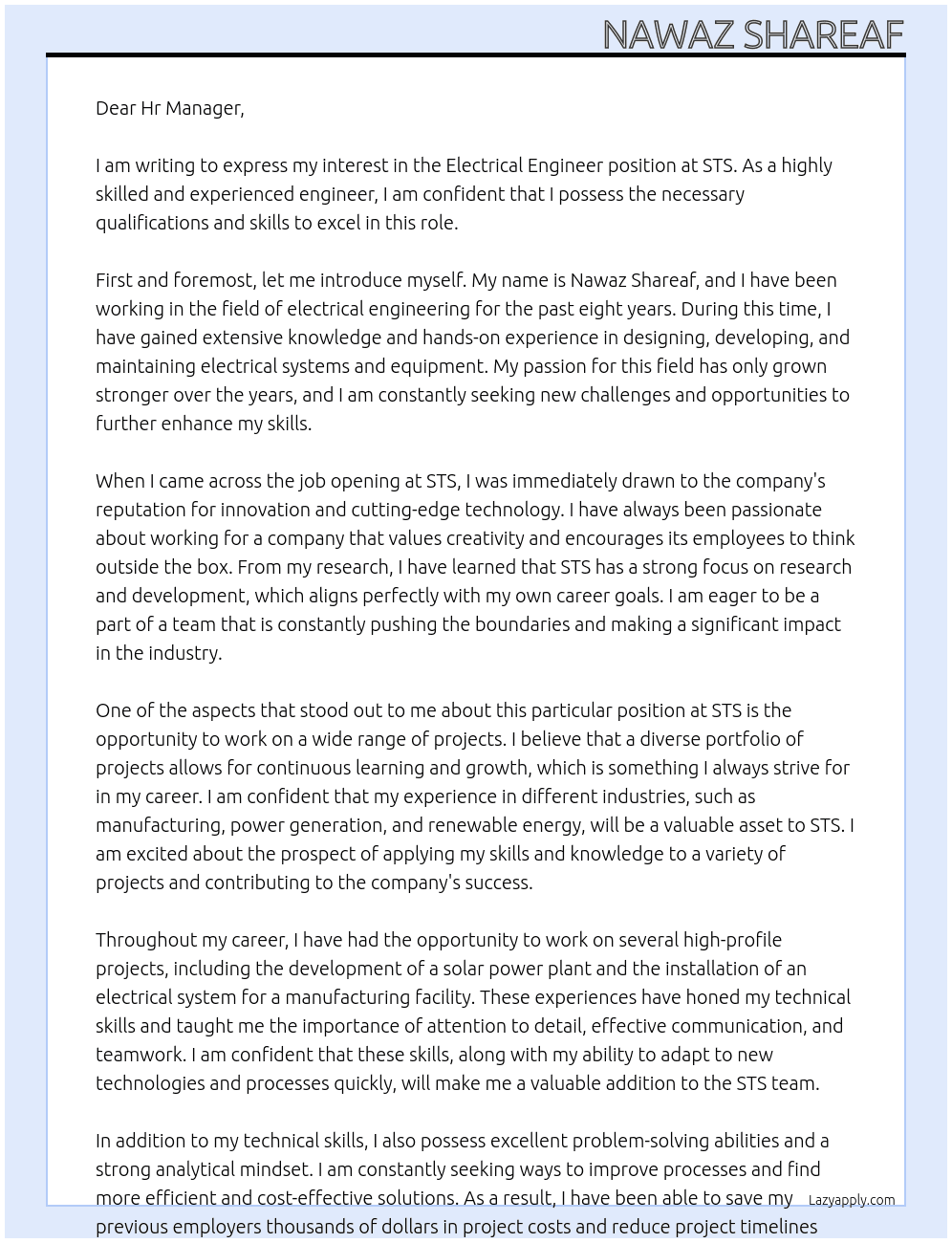 Electrical Engineer  At STS Cover Letter