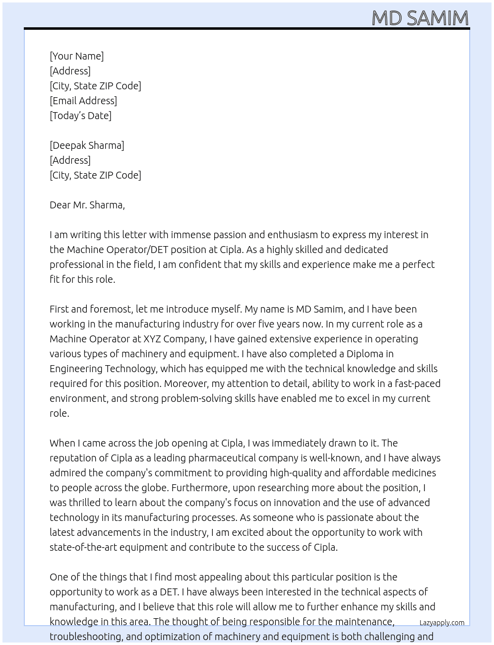 Machine Operator/DET At Cipla  Cover Letter