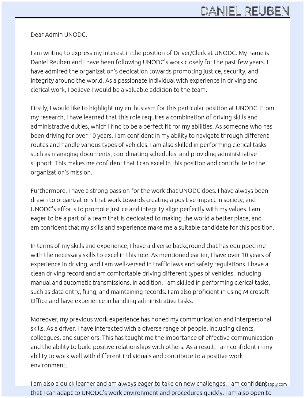 driver/clerk At UNODC Cover Letter